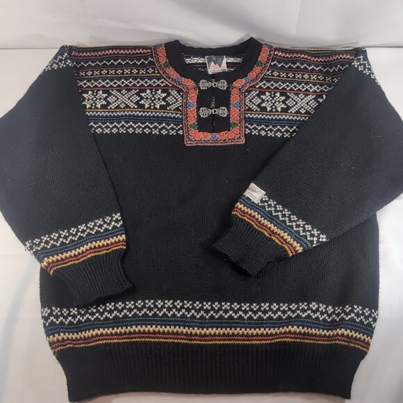Dale of Norway 1/4 Clasp Norway Nordic L Wool Sweater Long Black Multi Fair Isle - Picture 1 of 16